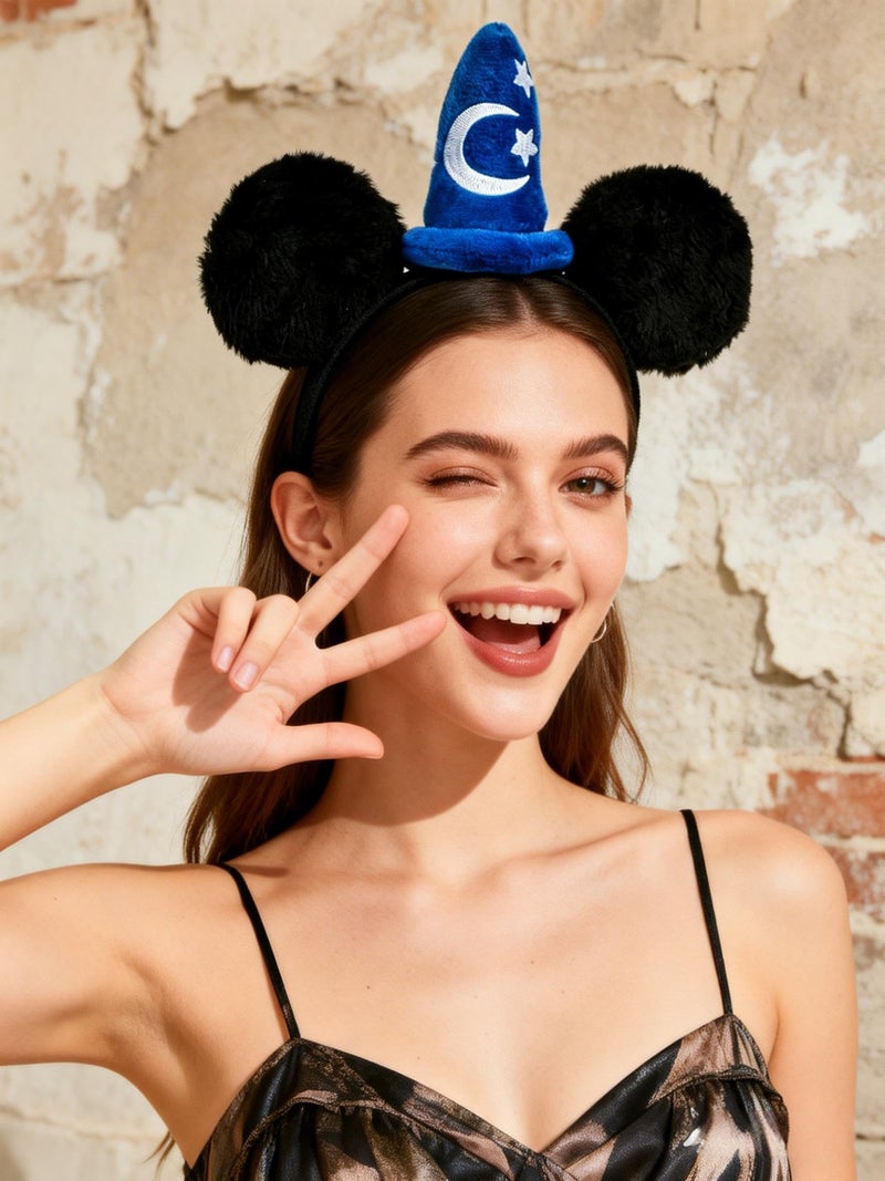 A Miaow Horn Flower Headpiece Black Mouse Ears Headband MM Butterfly Hair Hoop Halloween Park Women Adults Costume Photo Shoot (Blue Moon Stars) - Image 5